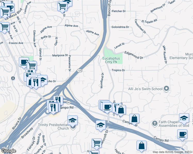 map of restaurants, bars, coffee shops, grocery stores, and more near 4299 Merritt Boulevard in La Mesa