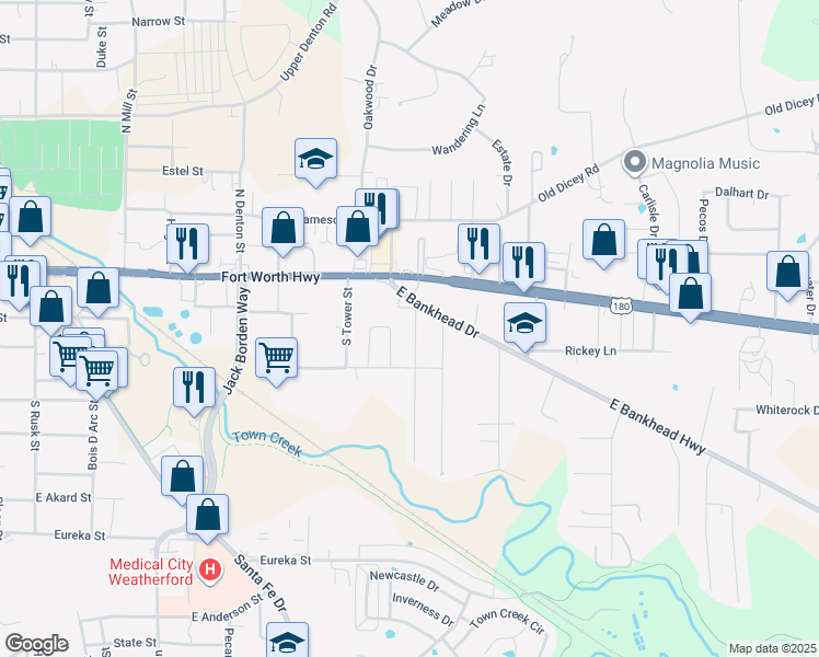 map of restaurants, bars, coffee shops, grocery stores, and more near 212 Cherry Street in Weatherford