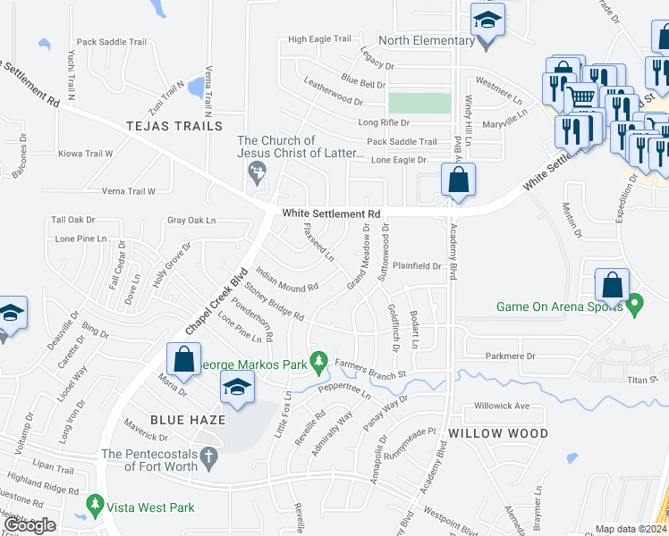 map of restaurants, bars, coffee shops, grocery stores, and more near 10100 Indian Mound Road in Fort Worth
