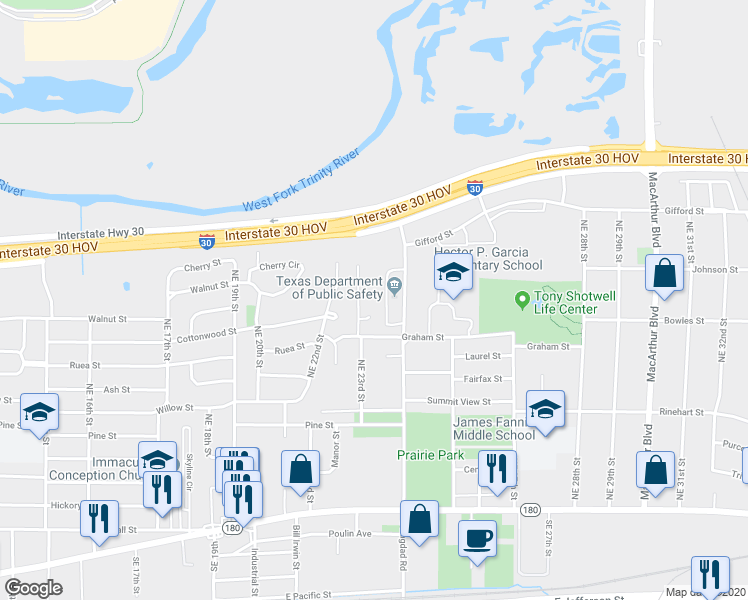 map of restaurants, bars, coffee shops, grocery stores, and more near 2309 Sharlis Circle in Grand Prairie