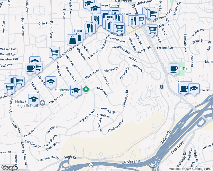 map of restaurants, bars, coffee shops, grocery stores, and more near 4298 Avon Drive in La Mesa