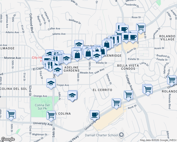 map of restaurants, bars, coffee shops, grocery stores, and more near 5710 Meade Avenue in San Diego