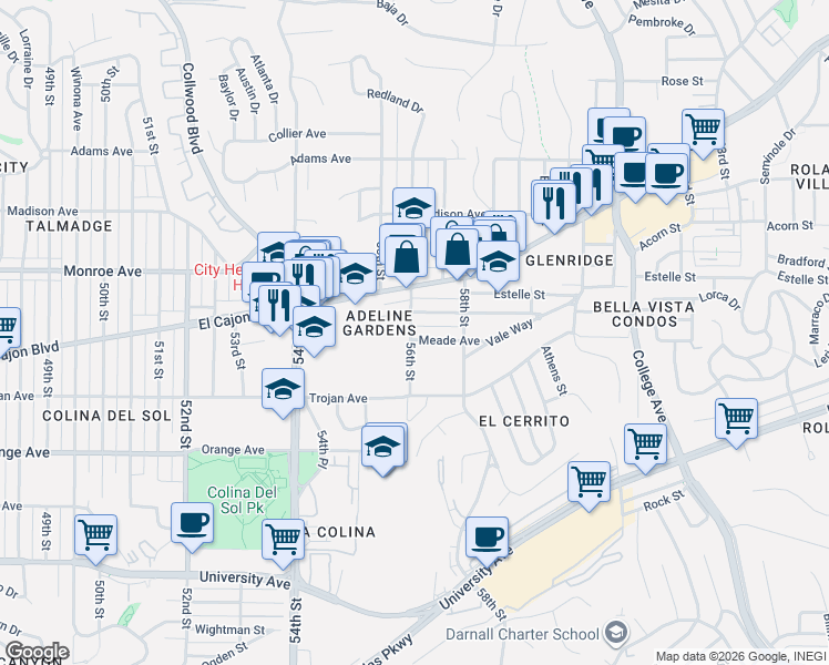 map of restaurants, bars, coffee shops, grocery stores, and more near 4406 56th Street in San Diego