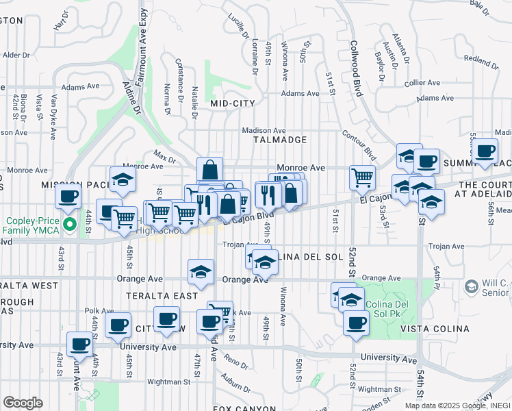 map of restaurants, bars, coffee shops, grocery stores, and more near 4421 Estrella Avenue in San Diego