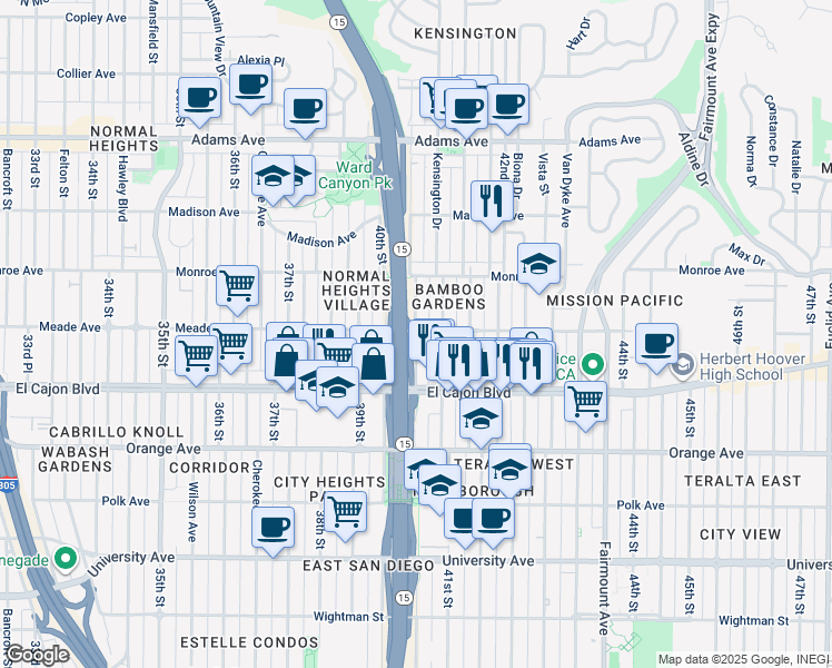 map of restaurants, bars, coffee shops, grocery stores, and more near 4055 Meade Avenue in San Diego