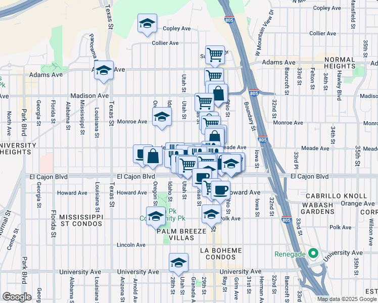 map of restaurants, bars, coffee shops, grocery stores, and more near 4384 Kansas Street in San Diego