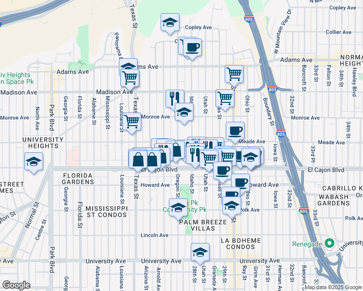 map of restaurants, bars, coffee shops, grocery stores, and more near 2705 Meade Avenue in San Diego