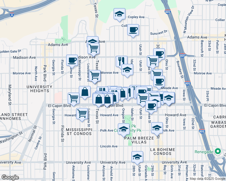 map of restaurants, bars, coffee shops, grocery stores, and more near 4384 Hamilton Street in San Diego