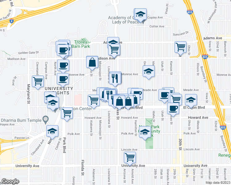 map of restaurants, bars, coffee shops, grocery stores, and more near in San Diego