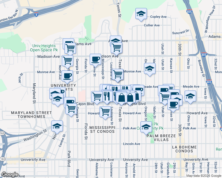 map of restaurants, bars, coffee shops, grocery stores, and more near 2317 Meade Avenue in San Diego