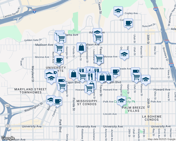 map of restaurants, bars, coffee shops, grocery stores, and more near 4383 Mississippi Street in San Diego