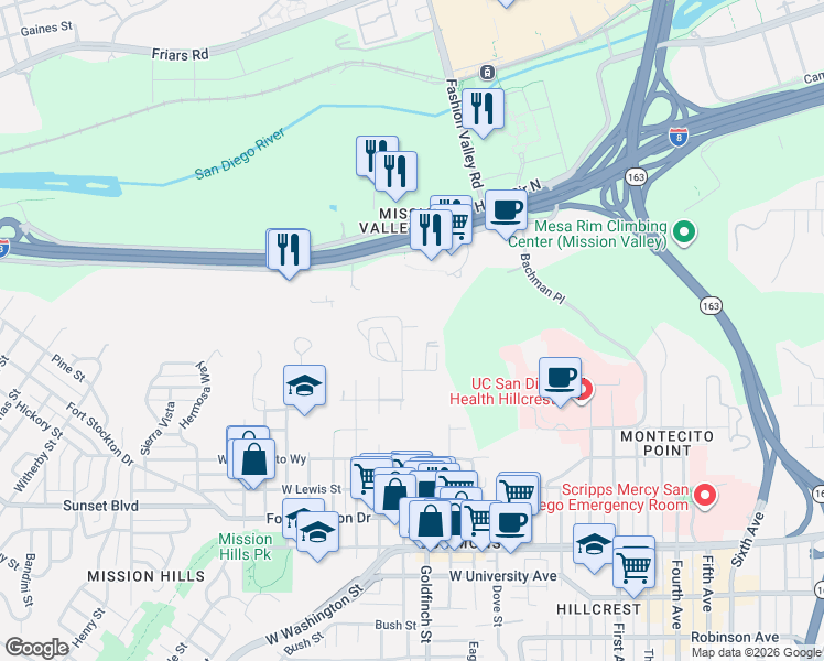 map of restaurants, bars, coffee shops, grocery stores, and more near 4364 Hawk Street in San Diego