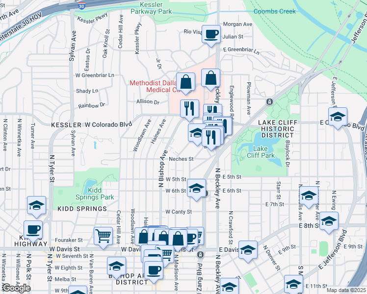 map of restaurants, bars, coffee shops, grocery stores, and more near 1119 North Madison Avenue in Dallas