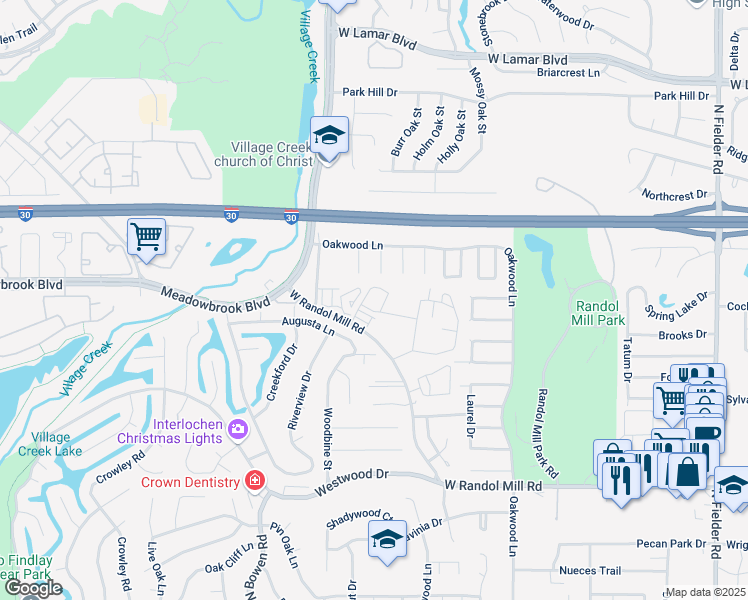 map of restaurants, bars, coffee shops, grocery stores, and more near 2645 West Randol Mill Road in Arlington