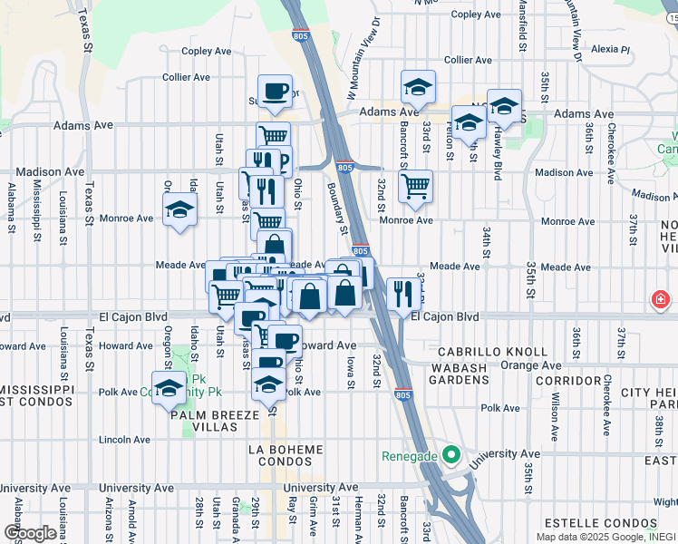 map of restaurants, bars, coffee shops, grocery stores, and more near 4386 Iowa Street in San Diego