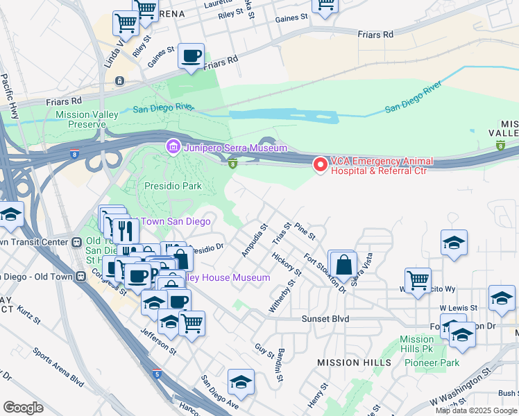 map of restaurants, bars, coffee shops, grocery stores, and more near 4430 Arista Street in San Diego