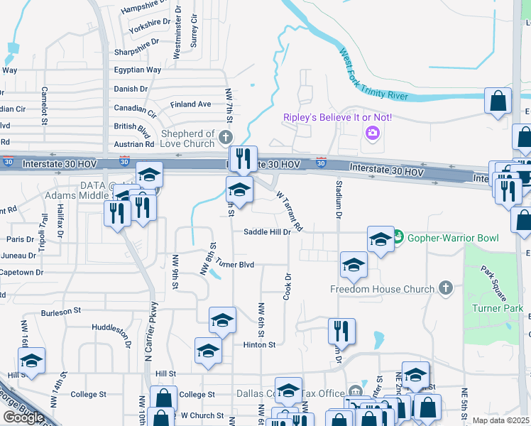 map of restaurants, bars, coffee shops, grocery stores, and more near 417 West Tarrant Road in Grand Prairie