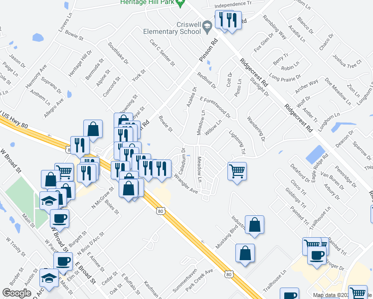 map of restaurants, bars, coffee shops, grocery stores, and more near 201 Bowie Street in Forney