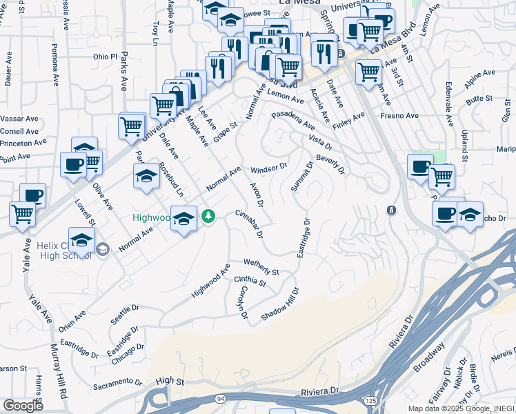 map of restaurants, bars, coffee shops, grocery stores, and more near 4298 Avon Drive in La Mesa