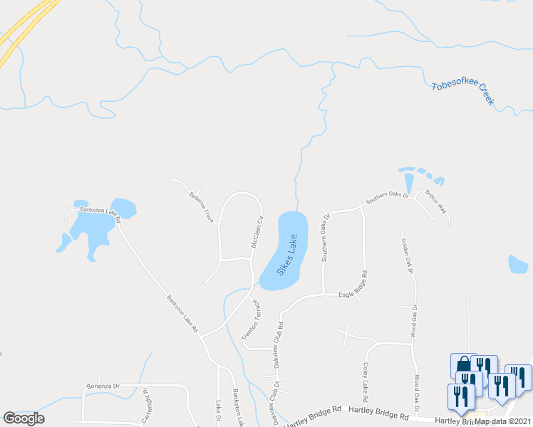 map of restaurants, bars, coffee shops, grocery stores, and more near 142 McClain Circle in Macon