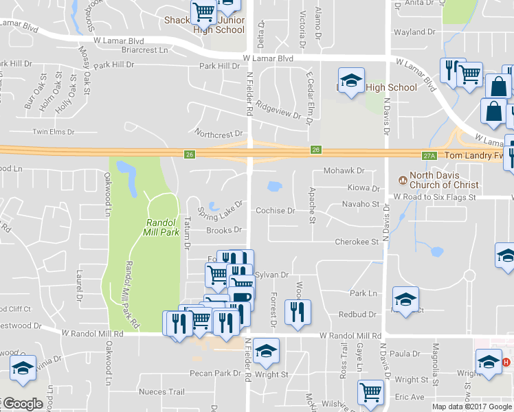 map of restaurants, bars, coffee shops, grocery stores, and more near 1511 North Fielder Road in Arlington