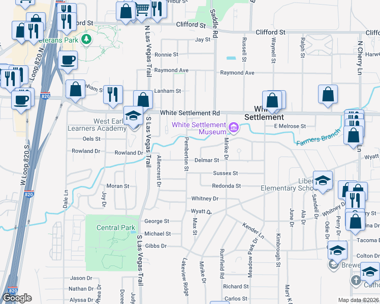 map of restaurants, bars, coffee shops, grocery stores, and more near 305 Pemberton Street in Fort Worth