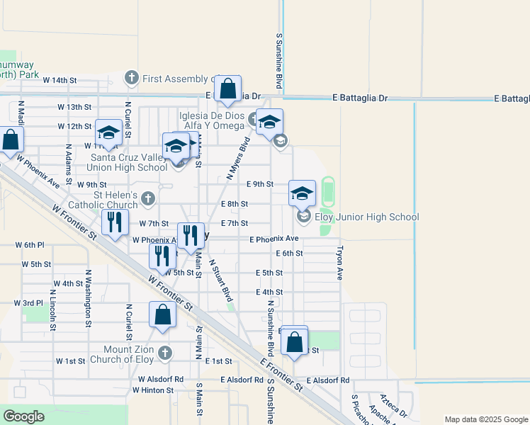 map of restaurants, bars, coffee shops, grocery stores, and more near 706 North Sunshine Boulevard in Eloy