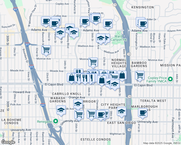 map of restaurants, bars, coffee shops, grocery stores, and more near 4393 36th Street in San Diego