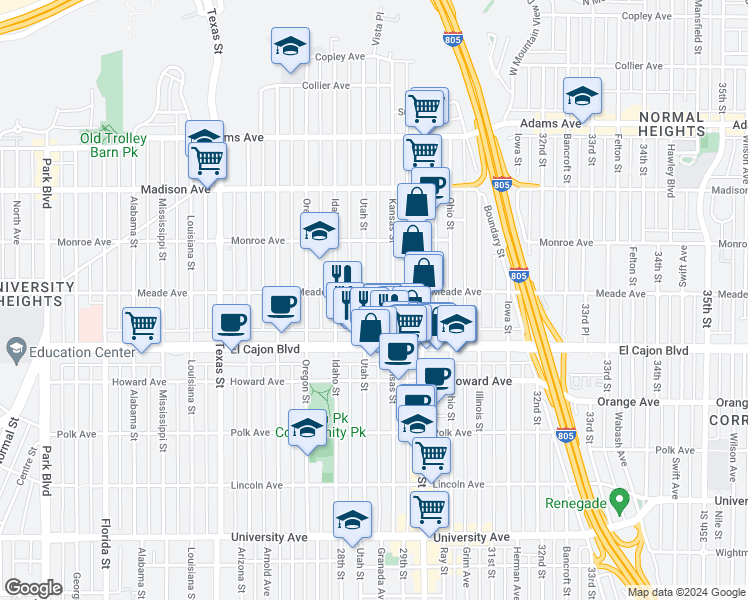 map of restaurants, bars, coffee shops, grocery stores, and more near 4381 Utah Street in San Diego