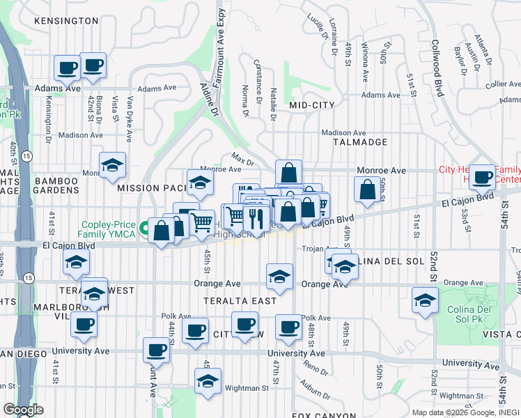 map of restaurants, bars, coffee shops, grocery stores, and more near Meade Avenue in San Diego