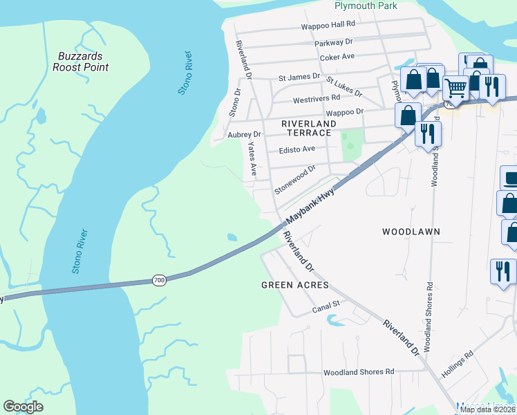 map of restaurants, bars, coffee shops, grocery stores, and more near 338 Ragos Lane in Charleston