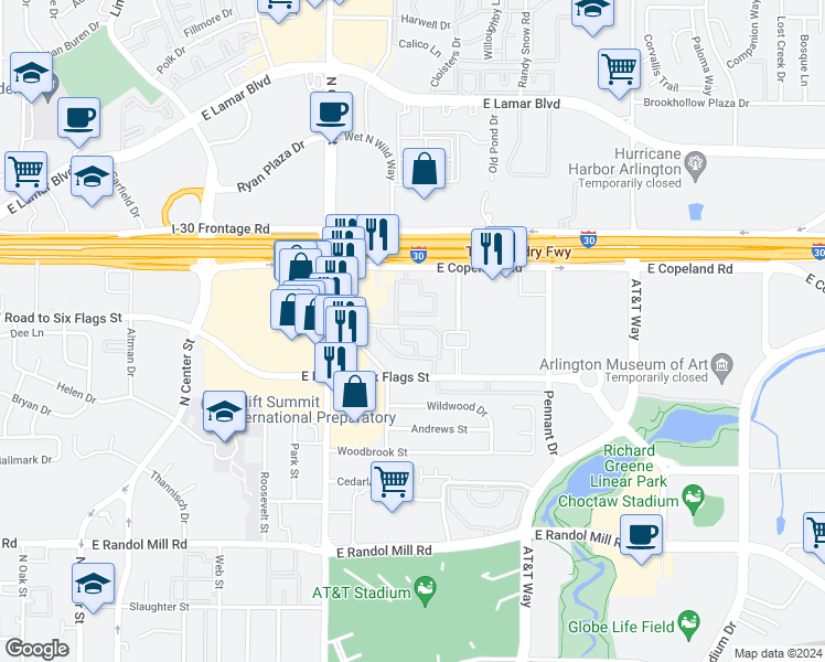map of restaurants, bars, coffee shops, grocery stores, and more near 1104 Skyline Drive in Arlington