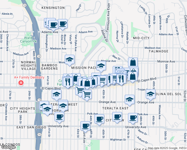map of restaurants, bars, coffee shops, grocery stores, and more near 4394 Highland Avenue in San Diego