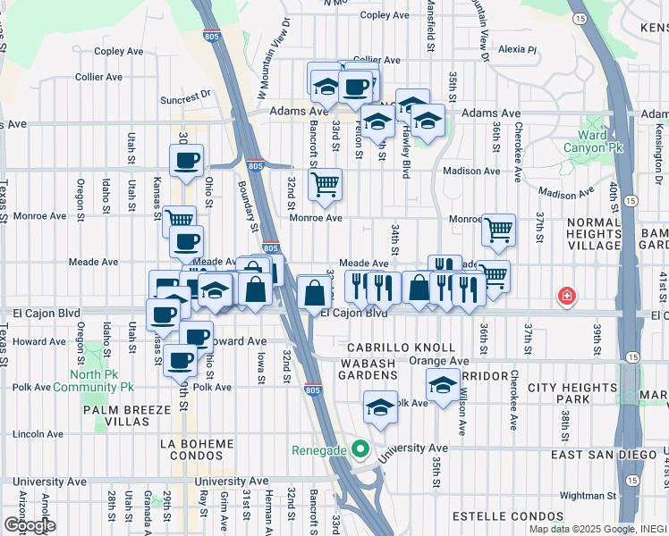 map of restaurants, bars, coffee shops, grocery stores, and more near 3283 Meade Avenue in San Diego