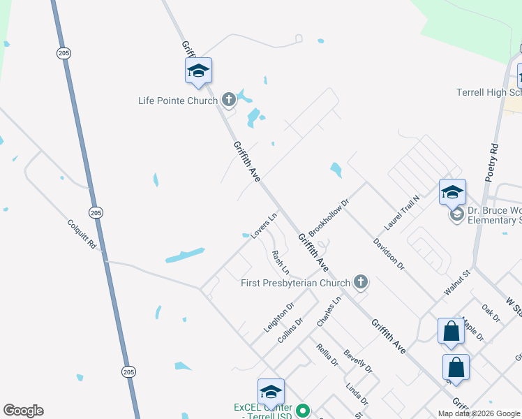 map of restaurants, bars, coffee shops, grocery stores, and more near 1113 Griffith Avenue in Terrell