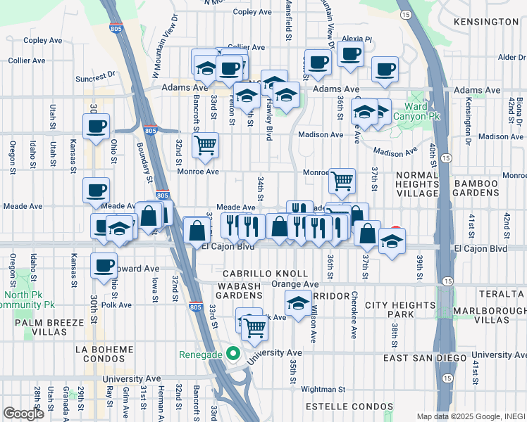 map of restaurants, bars, coffee shops, grocery stores, and more near 3403 Meade Avenue in San Diego
