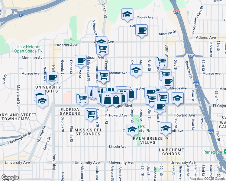map of restaurants, bars, coffee shops, grocery stores, and more near 4390 Arizona Street in San Diego