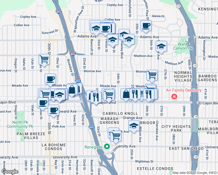 map of restaurants, bars, coffee shops, grocery stores, and more near 3333 Meade Avenue in San Diego