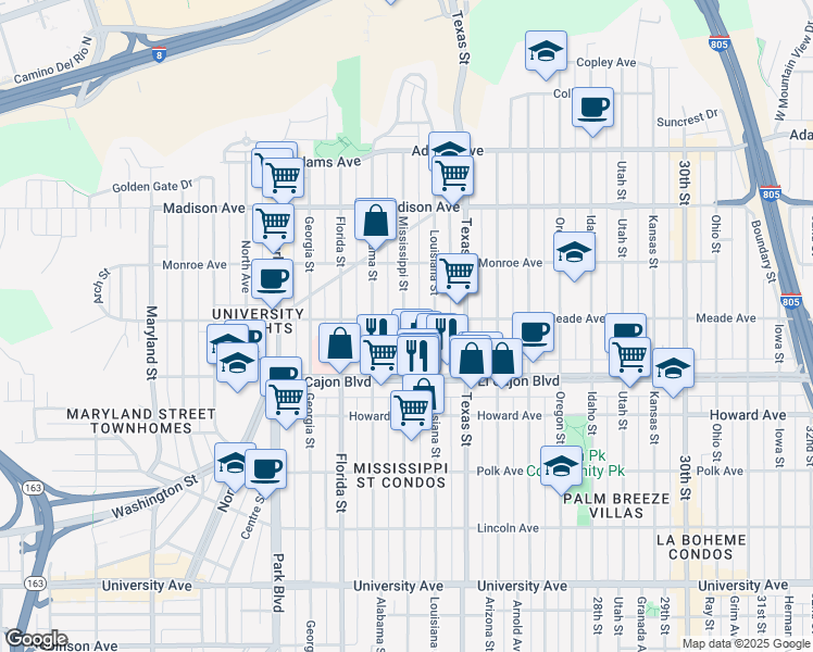 map of restaurants, bars, coffee shops, grocery stores, and more near 4383 Mississippi Street in San Diego