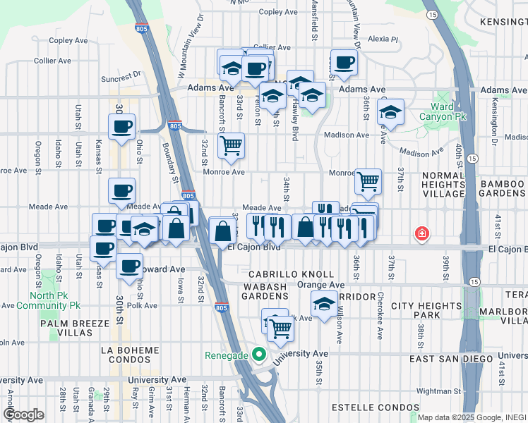 map of restaurants, bars, coffee shops, grocery stores, and more near 3333 Meade Avenue in San Diego