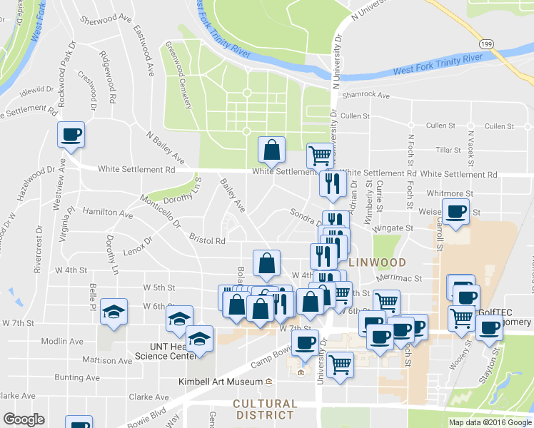map of restaurants, bars, coffee shops, grocery stores, and more near 3252 Sondra Drive in Fort Worth