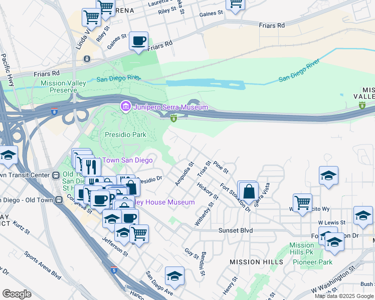 map of restaurants, bars, coffee shops, grocery stores, and more near 4430 Arista Street in San Diego