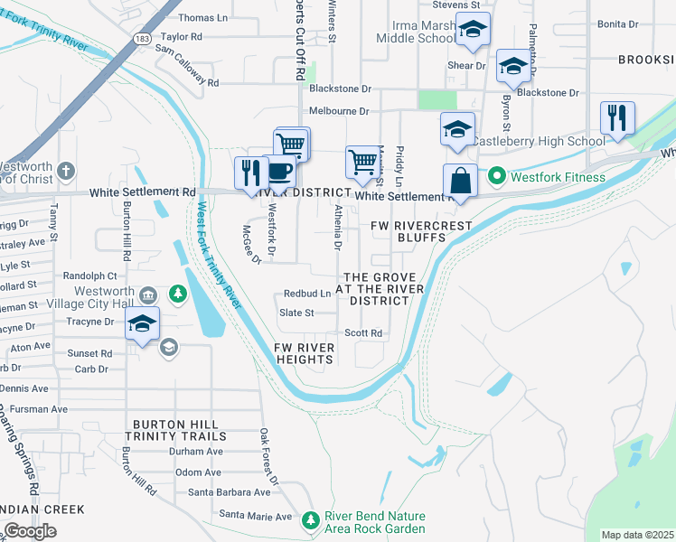 map of restaurants, bars, coffee shops, grocery stores, and more near 243 Athenia Drive in Fort Worth
