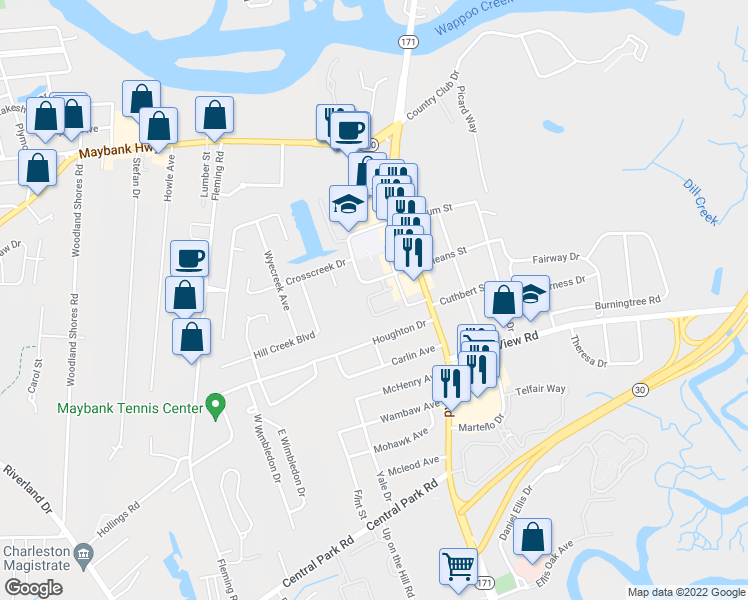 map of restaurants, bars, coffee shops, grocery stores, and more near 3 Sawgrass Road in Charleston