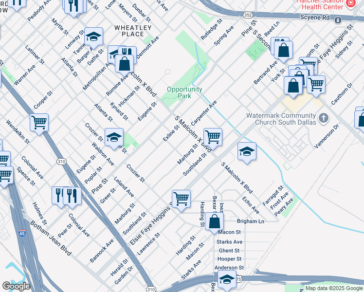map of restaurants, bars, coffee shops, grocery stores, and more near 2714 Carpenter Avenue in Dallas