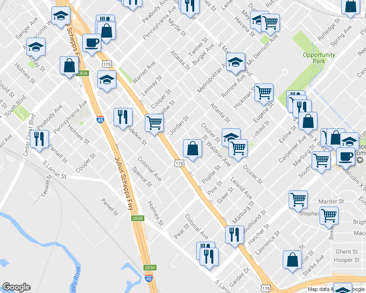 map of restaurants, bars, coffee shops, grocery stores, and more near 3815 Diamond Ave in Dallas