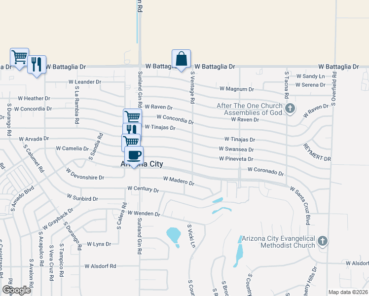 map of restaurants, bars, coffee shops, grocery stores, and more near 9272 West Pineveta Drive in Arizona City