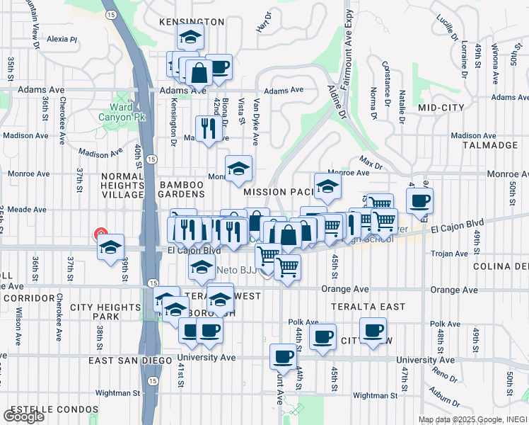 map of restaurants, bars, coffee shops, grocery stores, and more near Fairmount Ave & 43rd St in San Diego