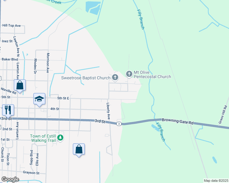 map of restaurants, bars, coffee shops, grocery stores, and more near 168 Brewton Street East in Estill