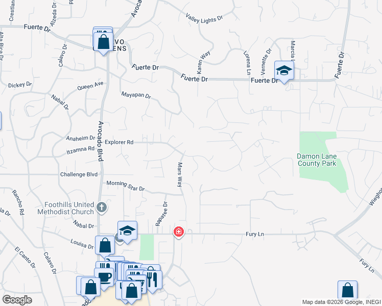map of restaurants, bars, coffee shops, grocery stores, and more near 11028 Explorer Road in La Mesa